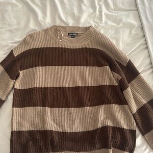 Fashion Nova Brown and Cream Striped Crewneck Sweater